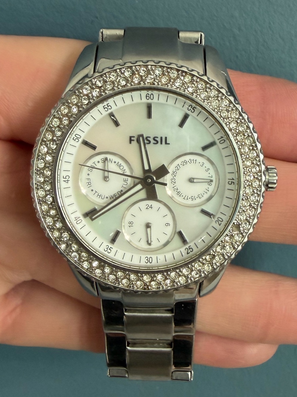 Fossil Silver Crystal Bezel Stainless Steel Bracelet Watch